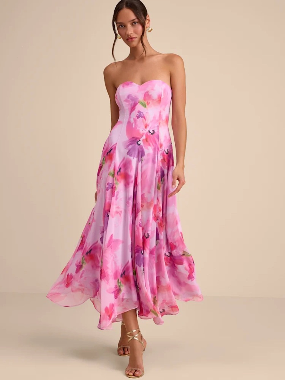 Lulu's Pink & Purple Strapless Floral Midi Dress